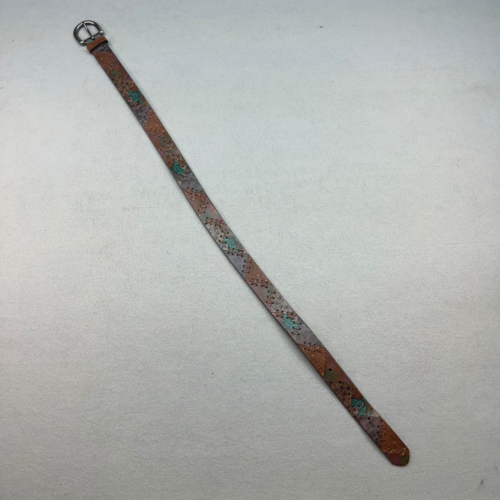 Fossil Brigit Floral Patches Multi Leather Belt Brown Teal Whipstitch BT3162997M